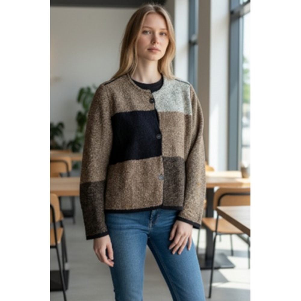 Kriss Sweden Jacket Womens XL Brown Black Colorblock‎ Knit Wool Blend Casual